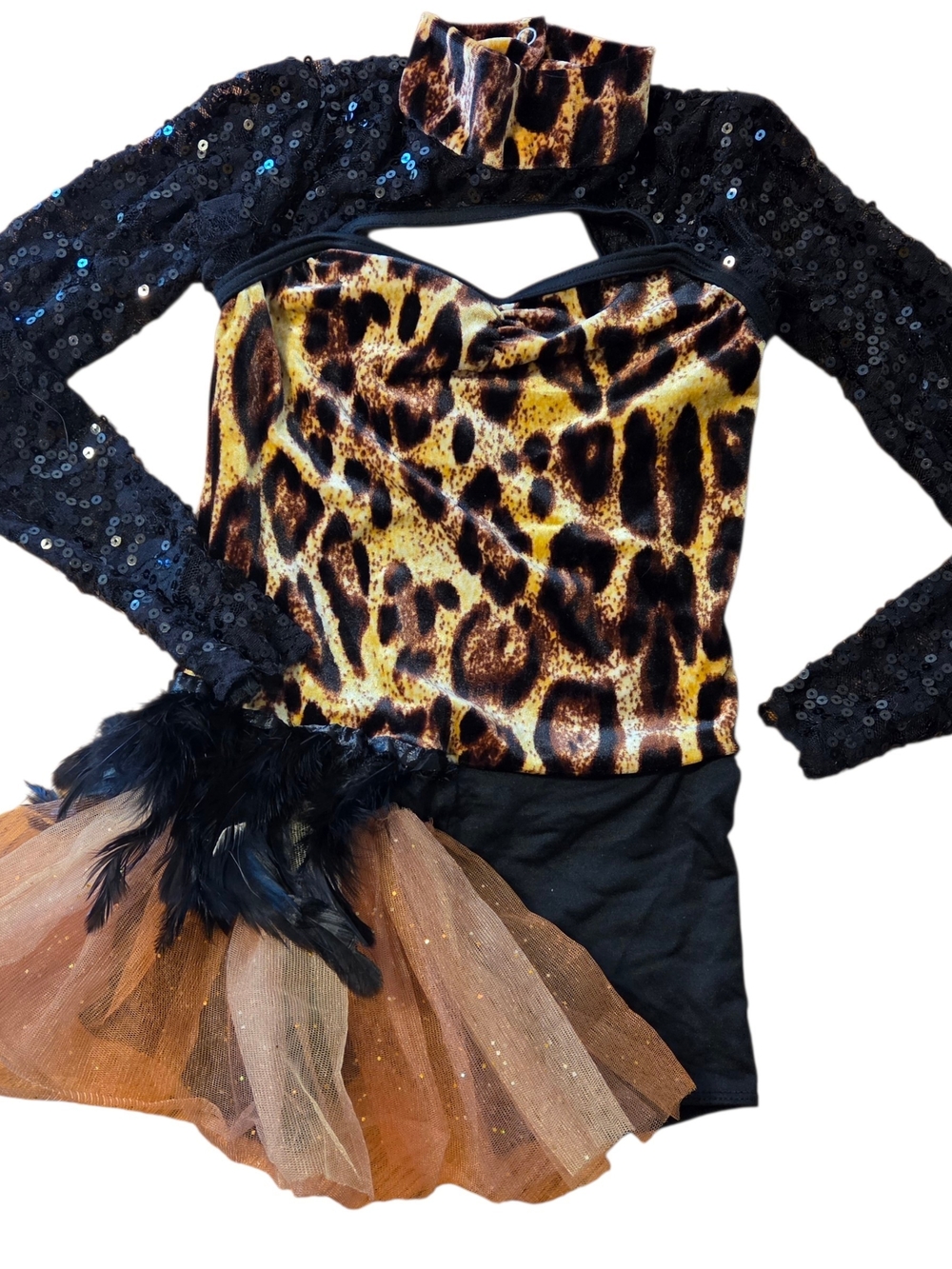 Weissman Girls Velvet Leopard Sequin Sleeve Turtleneck Shorts Bodysuit - lC